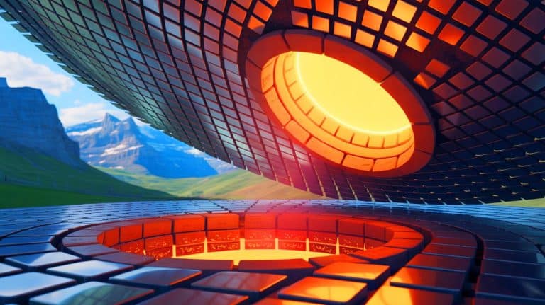 Illustration of solar-powered furnaces recycling luxury steel in La Chaux-de-Fonds, Switzerland.