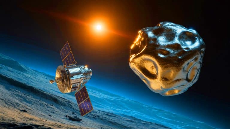 Illustration of NASA's mission to explore the asteroid 16 Psyche.