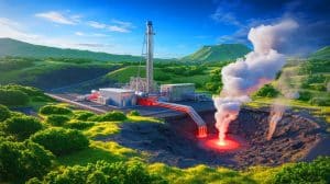 Illustration of harnessing geothermal energy from molten rock.