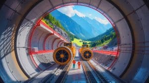 Illustration of the Brenner Base Tunnel under construction beneath the Alps.