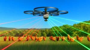 Illustration of a drone-laser system protecting poultry farms from disease-carrying animals.