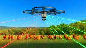 Illustration of a drone-laser system protecting poultry farms from disease-carrying animals.
