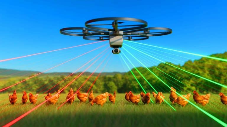 Illustration of a drone-laser system protecting poultry farms from disease-carrying animals.