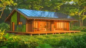 Illustration of a Japanese company's 3D printed home using sustainable materials and renewable energy technologies.