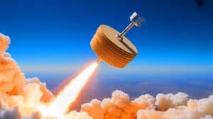 Illustration of an imaginative artwork depicting satellites piled up like a stack of pancakes.