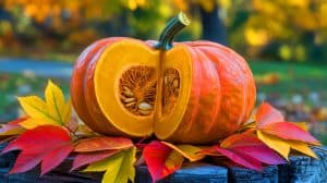 Illustration of a pumpkin surrounded by fall leaves, emphasizing its nutritional benefits for brain health.