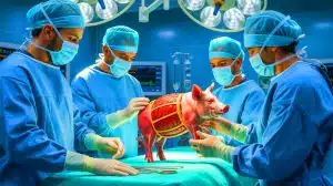 Illustration of a Modified Pig Liver Being Transplanted into a Human Patient.