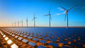 Illustration of the Western Green Energy Hub's solar panels and wind turbines in Western Australia.