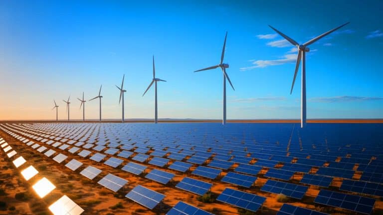 “It Looked Like a City of Mirrors”: This Australian Mega-Project Could Power Nations With Sun and Wind (and end fossil fuels forever) Illustration of the Western Green Energy Hub's solar panels and wind turbines in Western Australia.