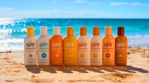 Illustration of sunscreen bottles with various SPF labels.