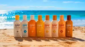 Illustration of sunscreen bottles with various SPF labels.