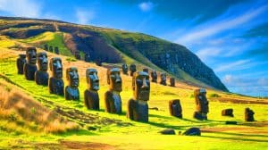 Illustration of a detailed 3D model of the Rano Raraku quarry revealing separate moai carving zones on Easter Island.