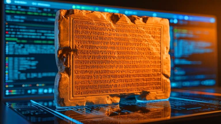 Illustration of the revival of a 3,000-year-old Babylonian hymn through artificial intelligence.