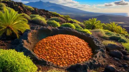 Illustration of ancient lentils discovered in the Canary Islands highlighting their 2,000-year-old genetic continuity and climate adaptation.