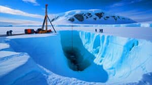 Illustration of ancient ice samples being extracted from the Allan Hills region in East Antarctica.