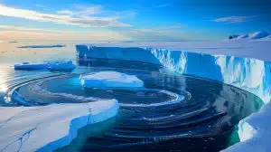 Illustration of the East Antarctic Ice Sheet retreat and ocean current interactions.