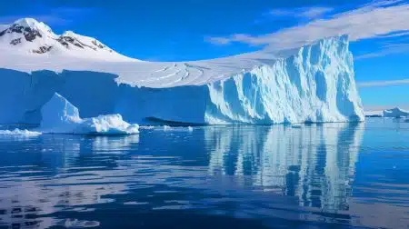 Illustration of Antarctica's ice sheet melting and its impact on global sea levels.