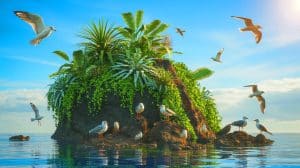 Illustration of birds contributing to the colonization of Surtsey Island by dispersing plant seeds.