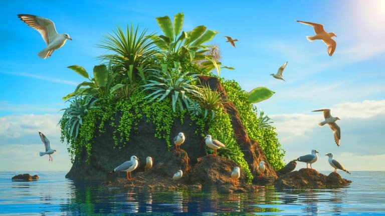 Birds Transform Iceland’s Youngest Island, Revealing the Surprising Role of Nature in Sparking New Life Illustration of birds contributing to the colonization of Surtsey Island by dispersing plant seeds.