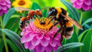 Illustration of bumble bees and invasive Argentine ants competing for nectar resources.