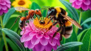Illustration of bumble bees and invasive Argentine ants competing for nectar resources.