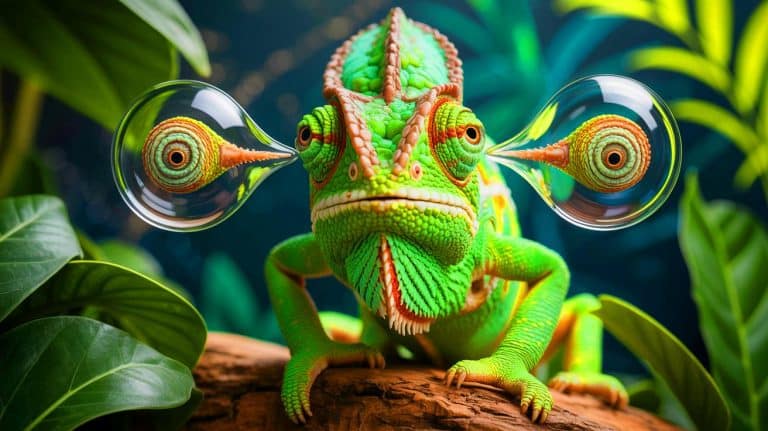 Chameleon Eyes Mystery Solved After 2,000 Years, Revealing New Insights Into Nature’s Intricate Adaptations Illustration of chameleon eyes with long, spiraled optic nerves enabling independent movement.