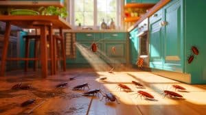 Illustration of cockroach infestations impacting indoor air quality through allergens and endotoxins.