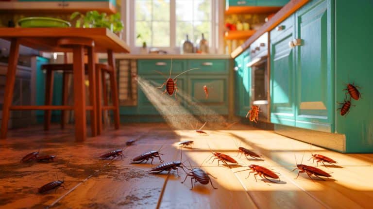 Illustration of cockroach infestations impacting indoor air quality through allergens and endotoxins.