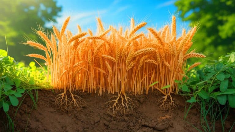 Illustration of CRISPR-engineered wheat plants capable of producing their own fertilizer.
