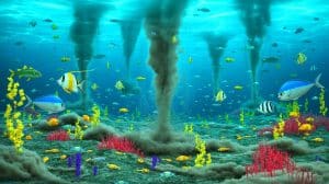 Illustration of deep-sea mining operations impacting marine ecosystems in the Pacific Ocean's Clarion-Clipperton Zone.