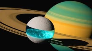 Illustration of Saturn's moon Enceladus with heat emissions from its poles and a hidden ocean beneath its icy surface.