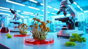 Illustration of scientists using CRISPR technology to enhance protein production in fungi for sustainable development.