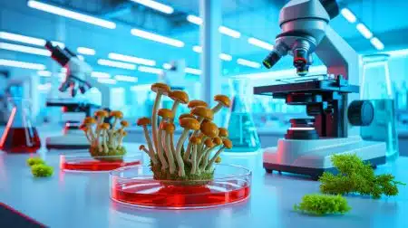 Engineered Fungus Transforms Emissions and Diets: A Meaty Taste Without the Carbon Footprint Draws Attention Illustration of scientists using CRISPR technology to enhance protein production in fungi for sustainable development.