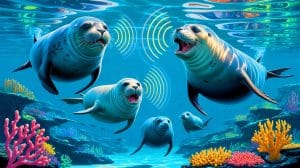 Illustration of Hawaiian monk seals communicating underwater through diverse vocalizations.