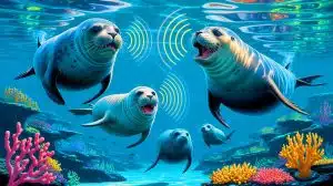 Hawaiian Monk Seals’ Secret Language Reveals 25 New Underwater Calls, Unlocking Mysteries of Marine Communication Illustration of Hawaiian monk seals communicating underwater through diverse vocalizations.
