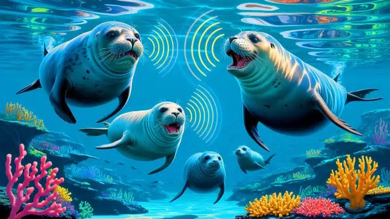 Hawaiian Monk Seals’ Secret Language Reveals 25 New Underwater Calls, Unlocking Mysteries of Marine Communication Illustration of Hawaiian monk seals communicating underwater through diverse vocalizations.