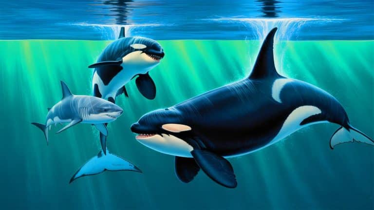 Killer Whales Expose New Hunting Strategy on Great White Sharks, Revealing Nature’s Unseen Predator Dynamics Illustration of orcas employing advanced hunting techniques on young great white sharks in the Gulf of California.