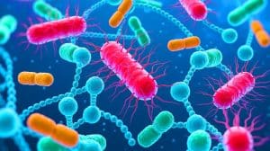 Illustration of a photosynthetic bacterium interacting with PFAS chemicals.