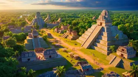 Illustration of the rise and fall of Classic Maya cities influenced by climate, conflict, and economic dynamics.