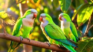 Illustration of monk parakeets cautiously forming new social connections.