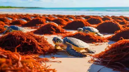 Sargassum Piles Trap Vulnerable Sea Turtle Hatchlings on Florida Beaches, Revealing New Threat to Marine Life Illustration of sea turtle hatchlings navigating through sargassum piles on a Florida beach.
