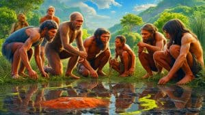 Illustration of ancient human ancestors exposed to lead over two million years and its impact on evolution.