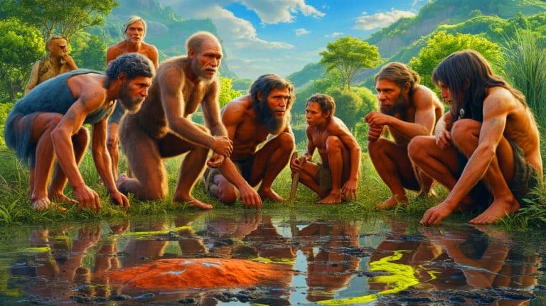Illustration of ancient human ancestors exposed to lead over two million years and its impact on evolution.