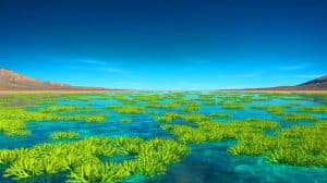 Illustration of cyanobacteria contributing to the oxygenation of Earth's early atmosphere.