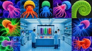 Illustration of scientists at UC San Diego producing xanthommatin pigment in bacteria for sustainable applications.