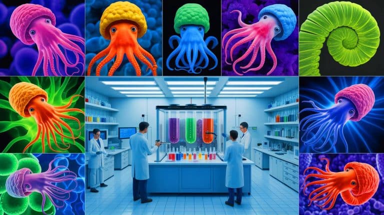 Illustration of scientists at UC San Diego producing xanthommatin pigment in bacteria for sustainable applications.