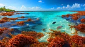 Illustration of Sargassum seaweed blooms affecting Caribbean coastlines and marine ecosystems.