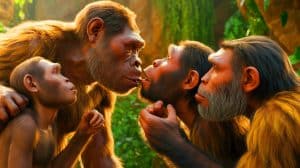 Illustration of the evolutionary origins of kissing among primates, including humans and Neanderthals.