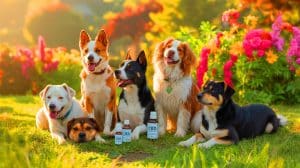 Illustration of dogs receiving CBD supplements as part of a large-scale study on canine behavior.