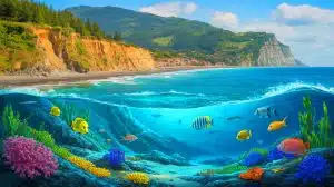 Illustration of coastal erosion affecting shorelines and marine ecosystems.